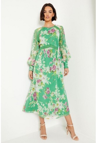 Green Floral Chiffon Trim...