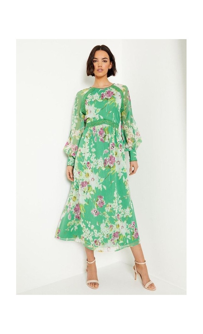 Green Floral Chiffon Trim Insert Sleeve Midaxi Dress