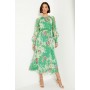 Green Floral Chiffon Trim Insert Sleeve Midaxi Dress