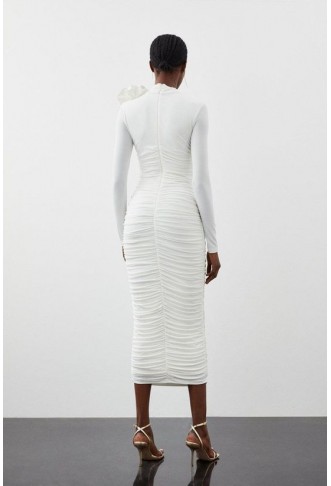 Long Sleeve Draped Ruched Jersey Rosette Midi Dress