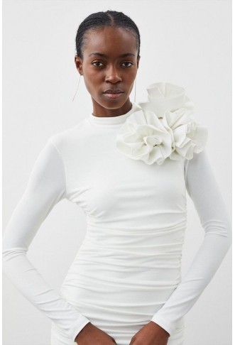 Long Sleeve Draped Ruched Jersey Rosette Midi Dress