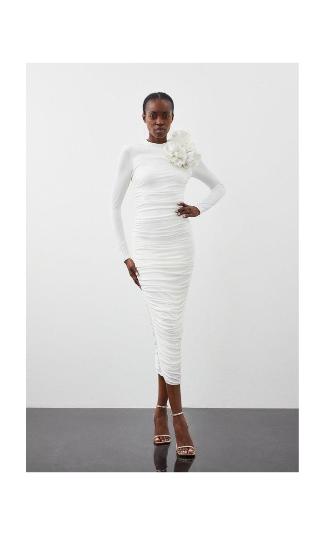 Long Sleeve Draped Ruched Jersey Rosette Midi Dress