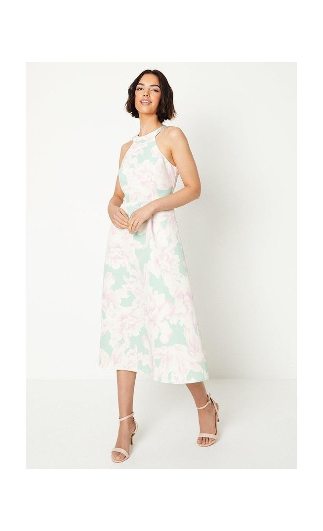 Occasion Floral Halterneck Twill Midi Dress