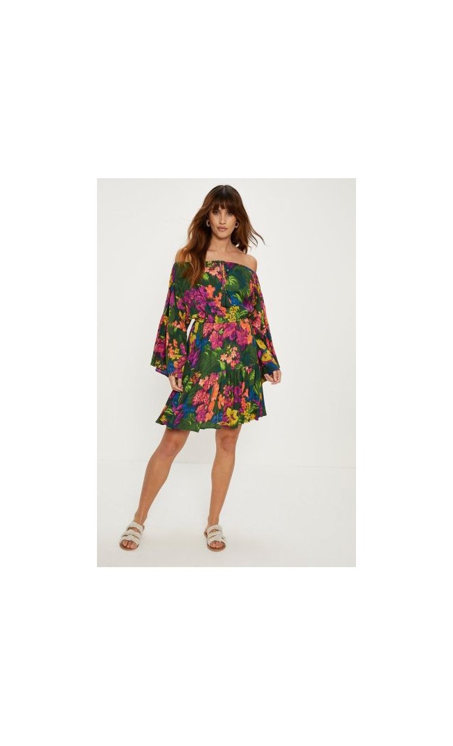 Floral Off-Shoulder A-Line Mini Smock Dress with Ruffles