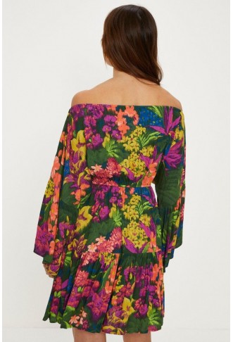 Floral Off-Shoulder A-Line Mini Smock Dress with Ruffles