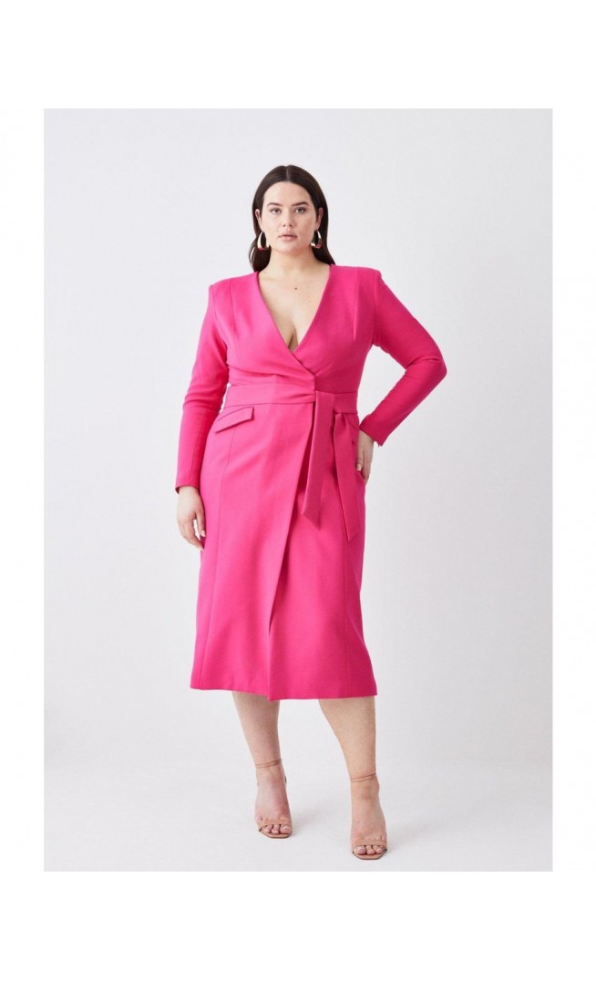 Plus Size Compact Stretch Wrap Detail Beltedmidi Dress