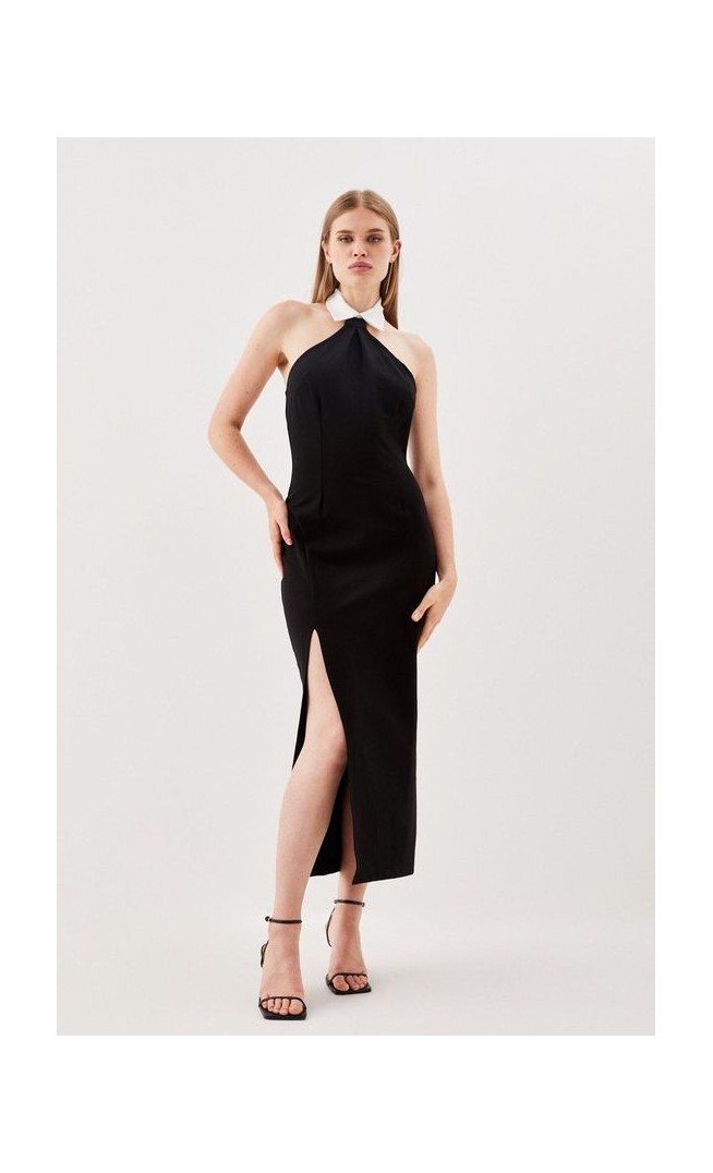 Jersey Ponte Tie Collar Detail Split Maxi Dress