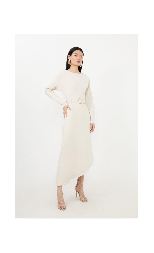 Cream Petite Waterfall Hem Belted Ponte Jersey Maxi Dress