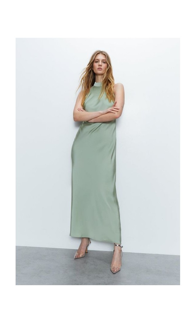 Satin Halter Neck Backless Maxi Slip Dress