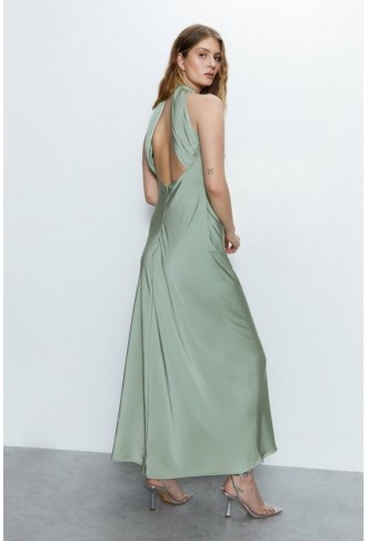 Satin Halter Neck Backless Maxi Slip Dress