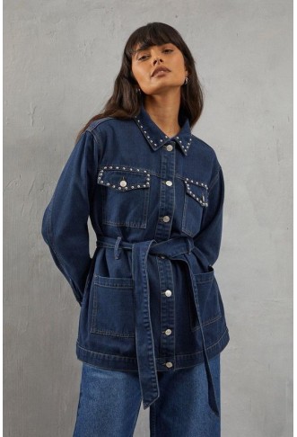 Stud Detail Belted Denim Jacket