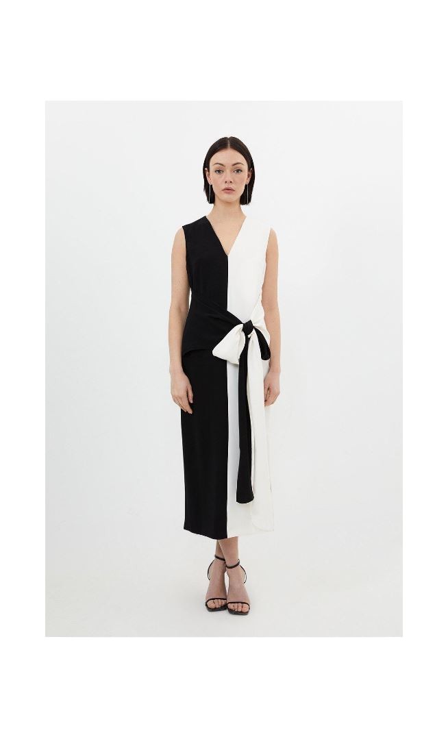 Fluid Tailored Colourblock Belted Column Midaxi Dress