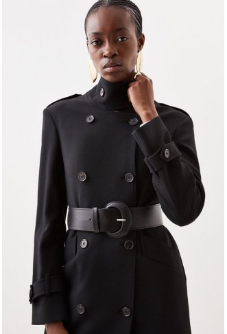 Compact Stretch Belted Double Breasted Maxi Tailored Coat