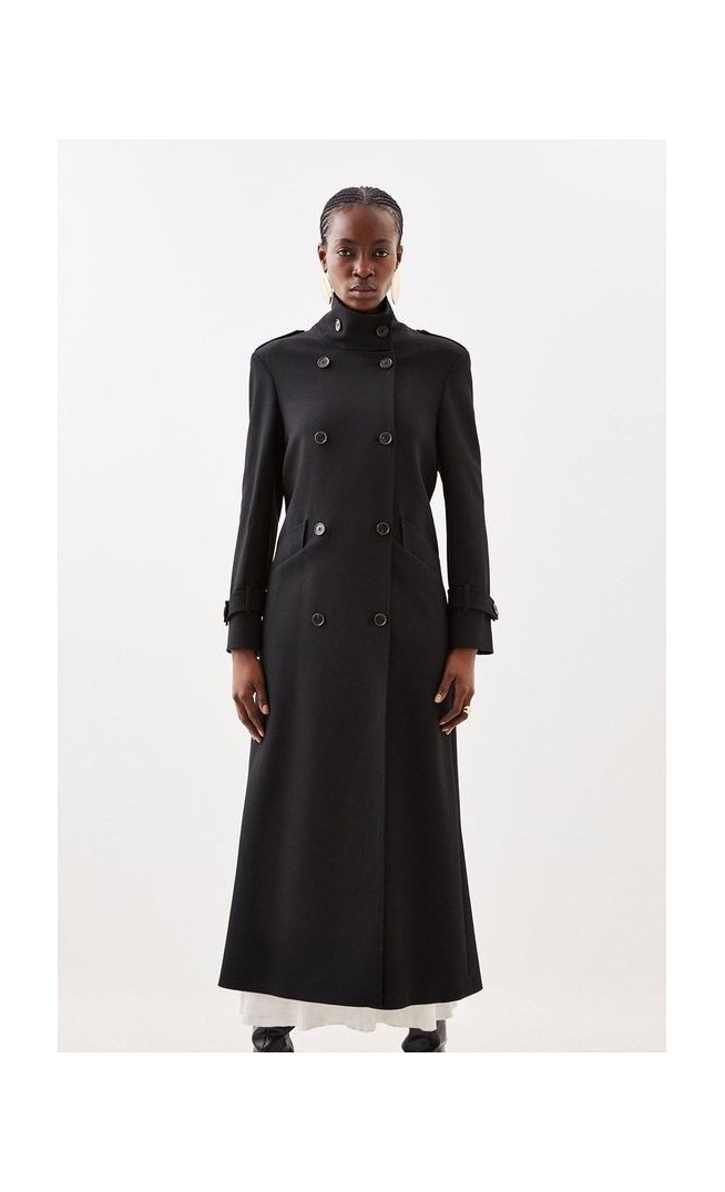 Compact Stretch Belted Double Breasted Maxi Tailored Coat