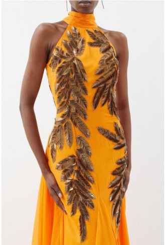 Orange Halter Neck Feather Sequin Detail Woven Maxi Dress