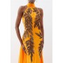 Orange Halter Neck Feather Sequin Detail Woven Maxi Dress