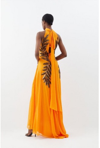 Orange Halter Neck Feather Sequin Detail Woven Maxi Dress