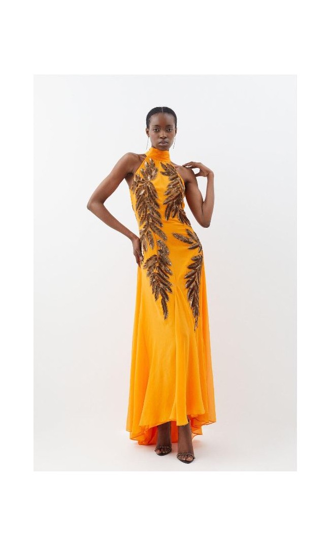 Orange Halter Neck Feather Sequin Detail Woven Maxi Dress