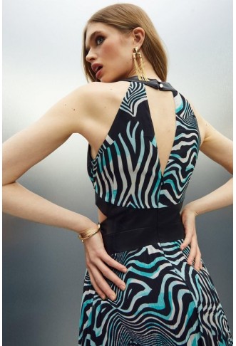 Distorted Zebra On Pleats Halter Woven Midi