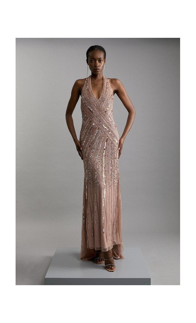 Metallic Embellished And Beaded Halter Maxi Dress