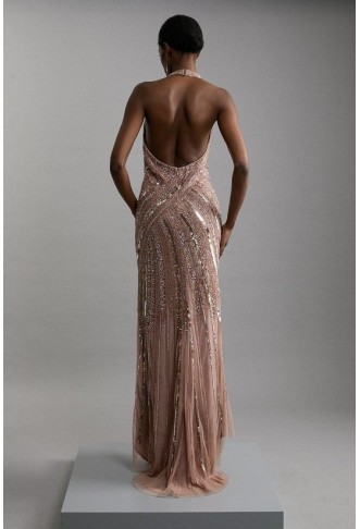 Metallic Embellished And Beaded Halter Maxi Dress