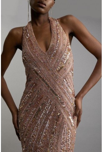 Metallic Embellished And Beaded Halter Maxi Dress