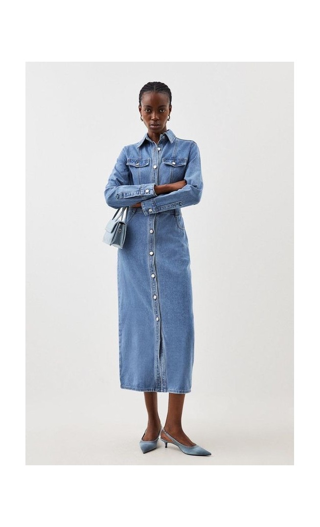 Denim Long Sleeve Midi Shirt Dress