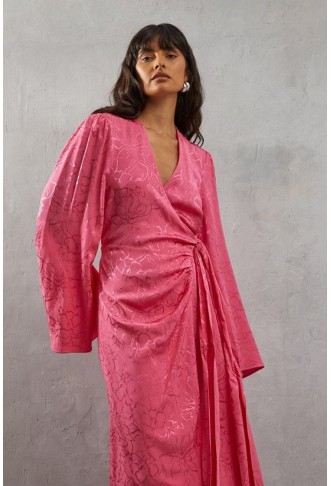 Satin Jacquard Kimono Sleeve Fringe Hem Wrap Dress