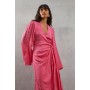 Satin Jacquard Kimono Sleeve Fringe Hem Wrap Dress