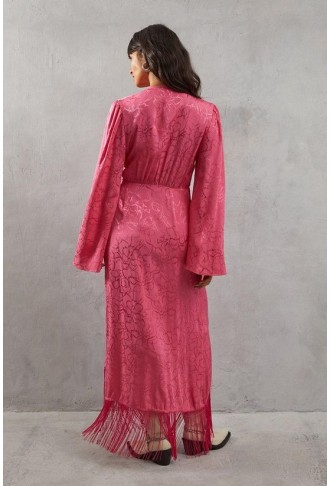 Satin Jacquard Kimono Sleeve Fringe Hem Wrap Dress