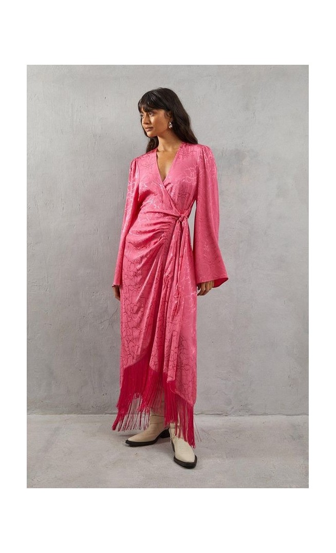 Satin Jacquard Kimono Sleeve Fringe Hem Wrap Dress