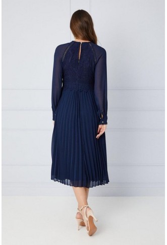 Occasion Lace Insert Pleated Midi Dress