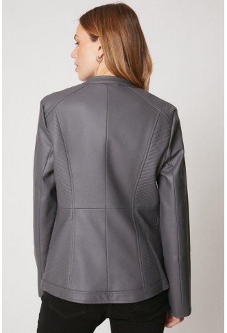 Dark Grey Faux Leather Pleat Detail Jacket