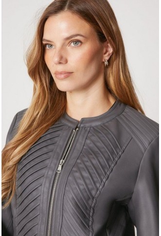 Dark Grey Faux Leather Pleat Detail Jacket