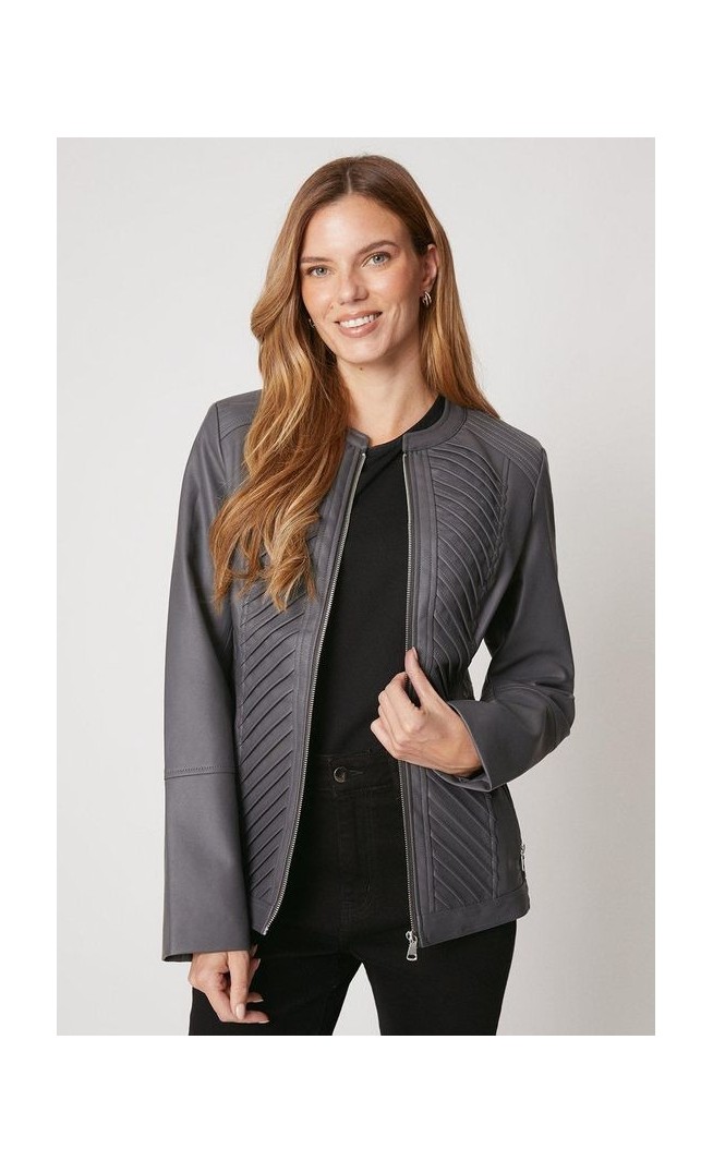 Dark Grey Faux Leather Pleat Detail Jacket