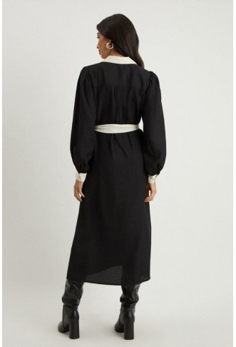 Black Contrast Piping Shirt Dress