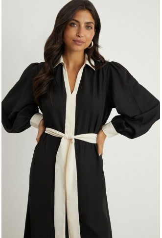 Black Contrast Piping Shirt Dress