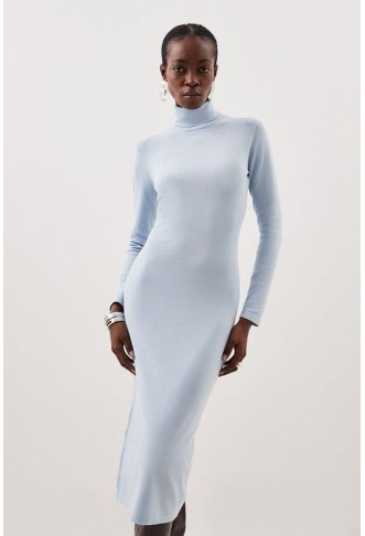 Viscose Blend Knit Roll Neck Midi Dress