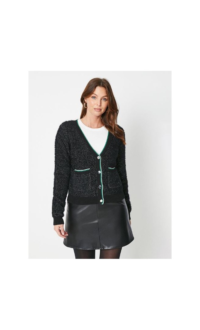 Metallic Contrast Trim Button Detail Cardigan