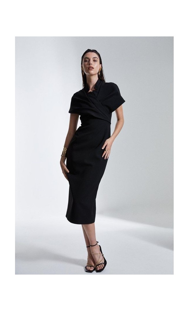 Structured Crepe Cape Detail Midi Dress