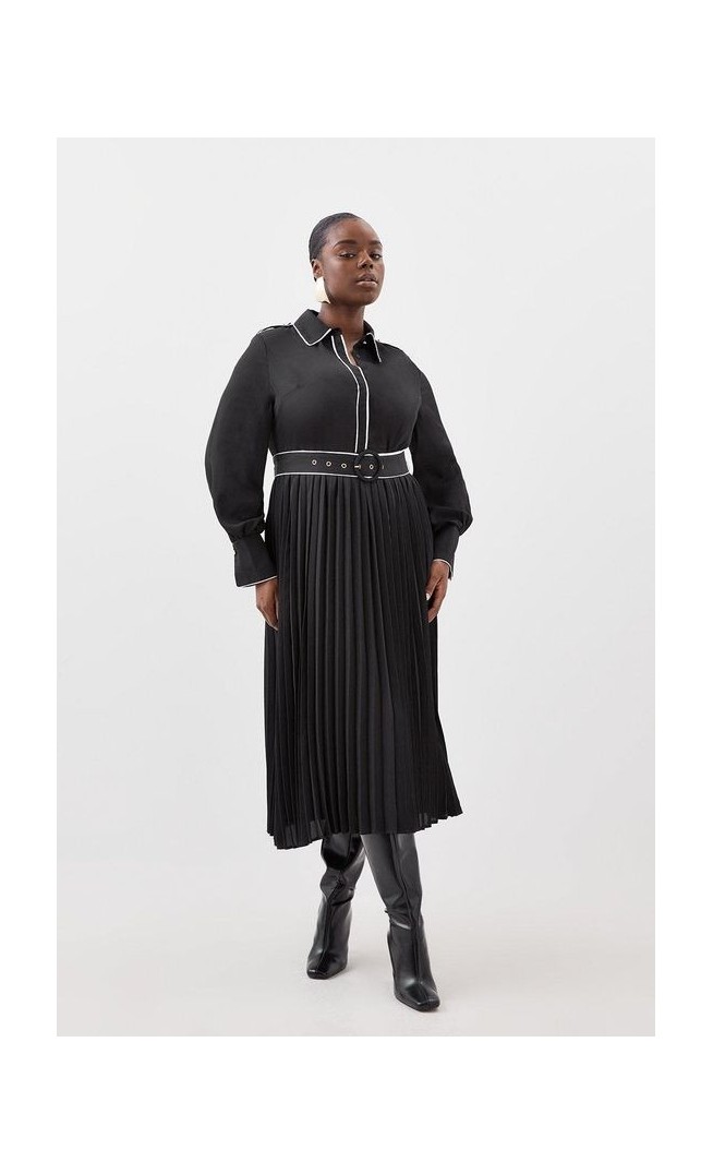 Plus Size Piping Georgette Pleated And Belted Woven Maxi Dress