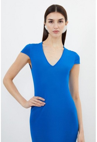 V Neck Cap Sleeve Summer Knit Column Dress