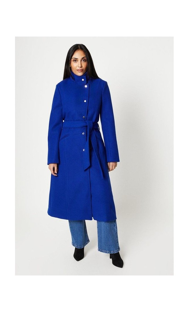 Petite Button Detail Funnel Neck Belted Wrap Coat