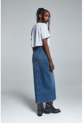 Long denim skirt with slit