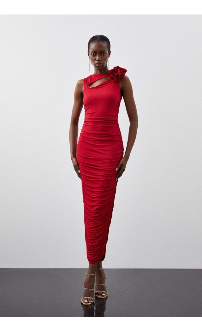 Karen Millen Red Ruched Bodycon Maxi Dress