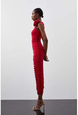 Karen Millen Red Ruched Bodycon Maxi Dress