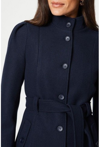 Wool Look Funnel Neck Tuck Sleeve Coat