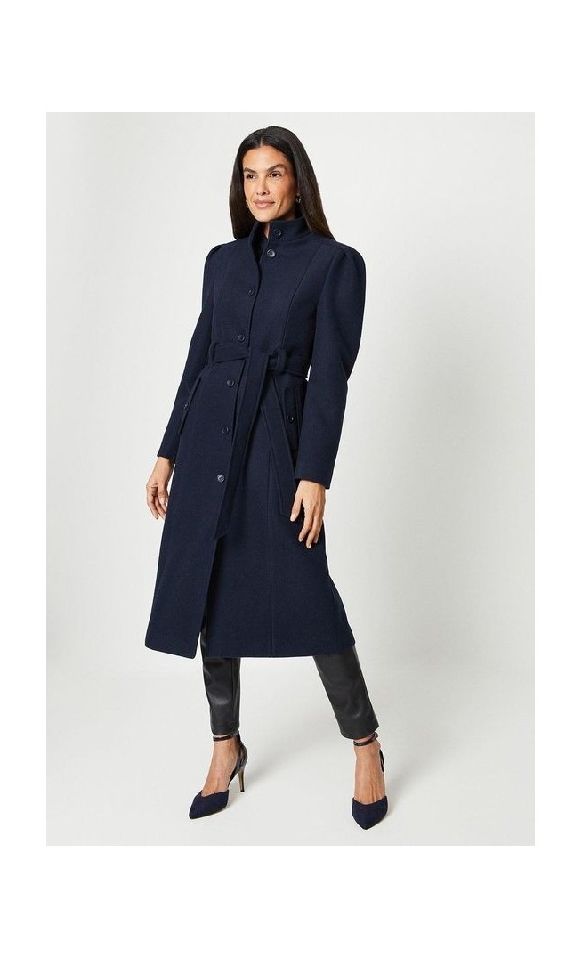 Wool Look Funnel Neck Tuck Sleeve Coat