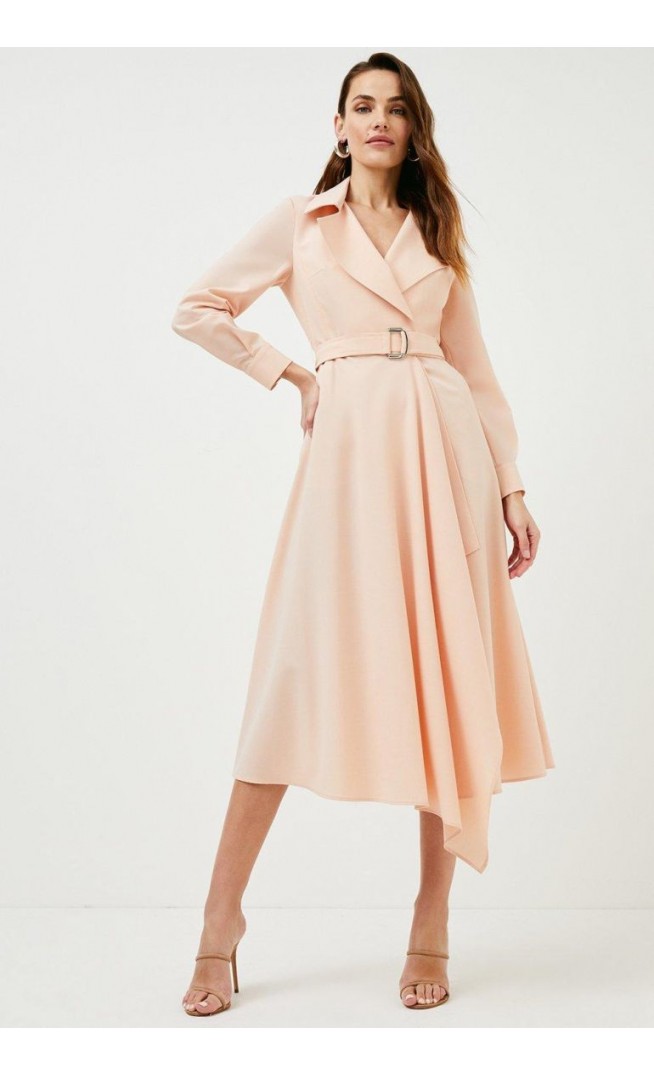 Polished Wool Blend Drape Belted Shirt Dress