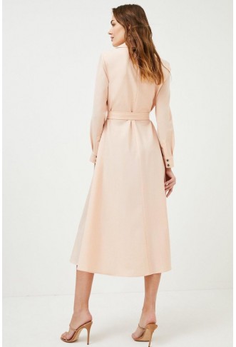 Polished Wool Blend Drape Belted Shirt Dress